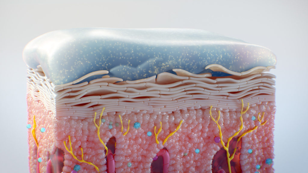 Still image of ZORYVE (roflumilast) cream on a skin cube from a plaque psoriasis drug MOA animation.