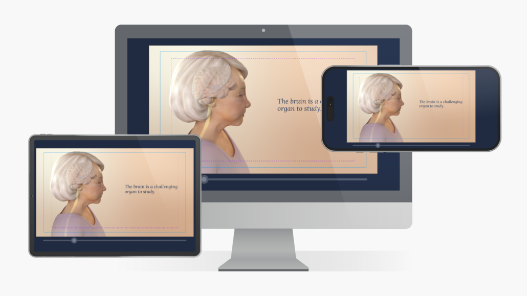 Illustration of a video player on a desktop monitor, tablet, and smart phone. A video image is displayed on all three devices to demonstrate on-screen text legibility. © 2024 AXS Studio. All rights reserved.