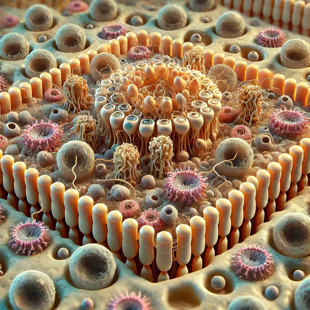 An attempt to generate a genAI image for scientific communication using the prompt “HER2 receptors spread on a cell membrane” with DALL-E 3. The image is wildly inaccurate, looking like psychedelic protrusions reminiscent of a coral reef.