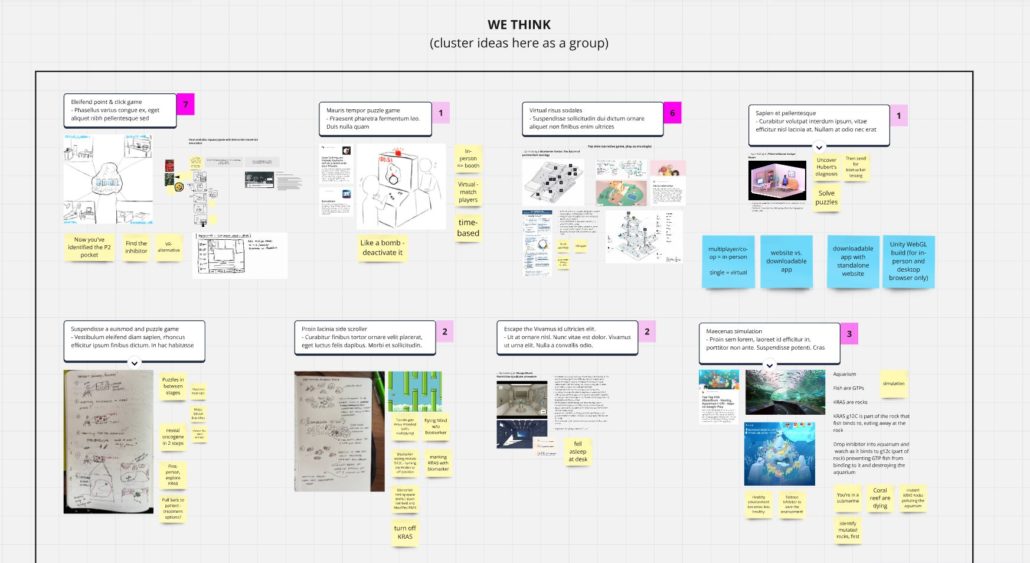 An ideation board for an interactive activity. It shows sketches from several ideation participants.