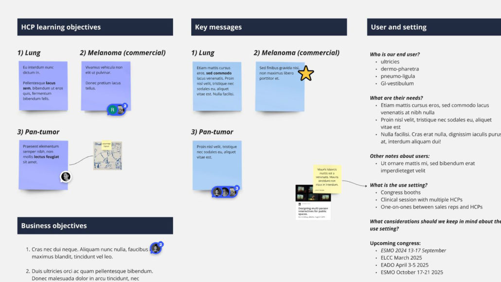 A screen capture from a digital whiteboard. It displays sticky notes for HCP learning objectives, and key messages for an interactive activity. Other text in the image is lorem ipsum substituted to anonymize the project this whiteboard comes from.