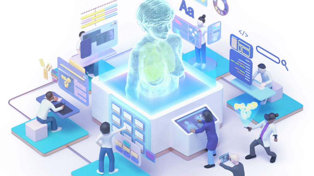 Custom 3D illustration for axs3d.com and marketing materials. An visualization of AXS Studio workflow from storyboard/wireframe, through, modeling, animation, design and interactive development. These stages are represented by workstations arranged in sequence around a central holographic human figure with visible anatomy—the immersive final product. Healthcare professionals interact with the content on a touchscreen, a VR headset and an ipad. Immersive 3D illustration style, reminiscent of Peter Tarka.