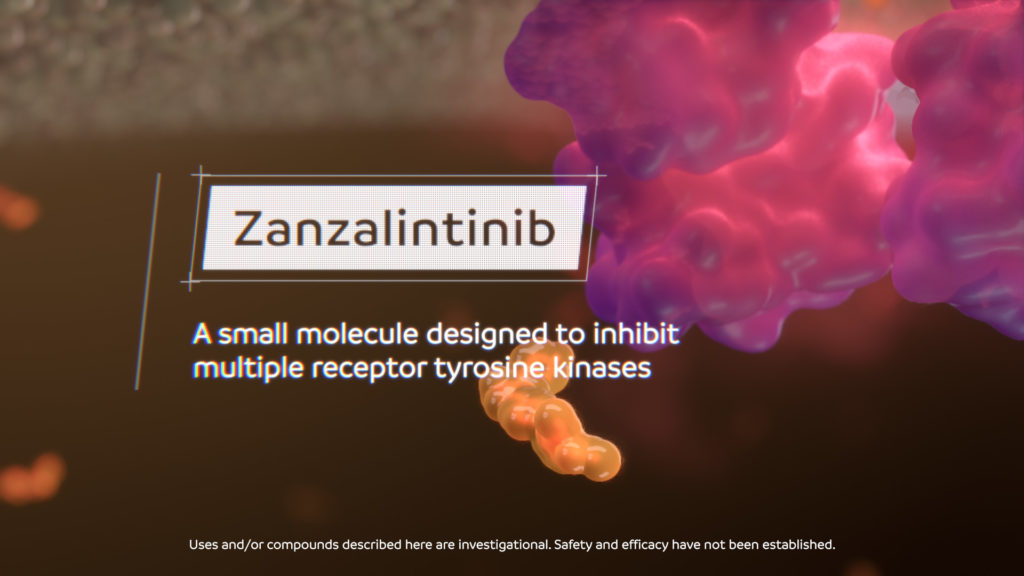 Title slide from zanzalintinib (XL092) mechanism of action (MOA) animation. XL092 is a small-molecule inhibitor of multiple receptor tyrosine kinases (RTKs) that are involved in cancer growth and immune regulation. Animation is divided into chapters. A web-based interactive version of the video was developed for use at congresses. Animation launched at AACR 2022. 