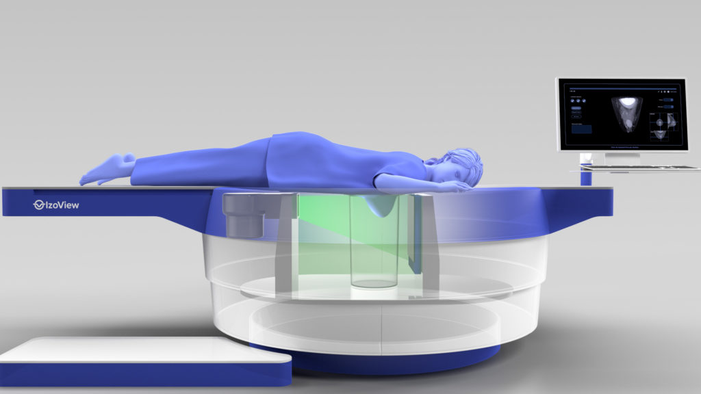 Still frame from the IzoView medical device animation. The IzoView imaging system provides a faster and more accurate diagnostic tool for breast cancer screening while minimizing patient discomfort (compared to current mammography techniques).