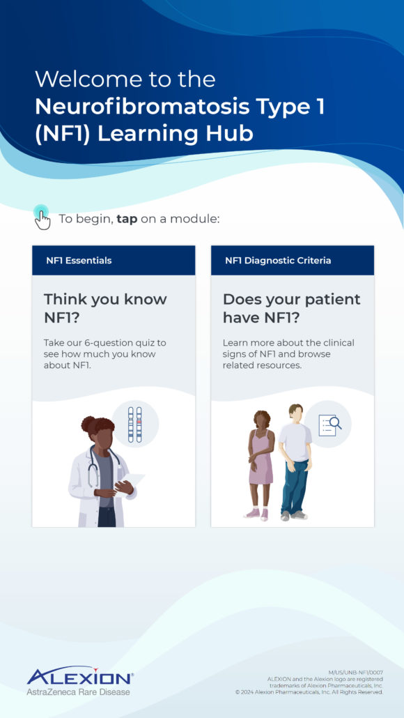 NF1 congress hub menu first launched at SNO 2024. Features two modules: NF1 quiz module (left) and NF1 diagnostic module (right)