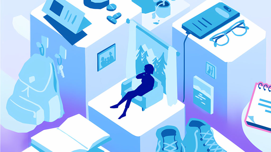 Editorial illustration about patient life featuring a silhouette of a woman seated in an armchair surrounded by oversized versions of everyday objects, including a smartphone, glasses, pill bottle, book, notepad, hiking boots, house plant and backpack.