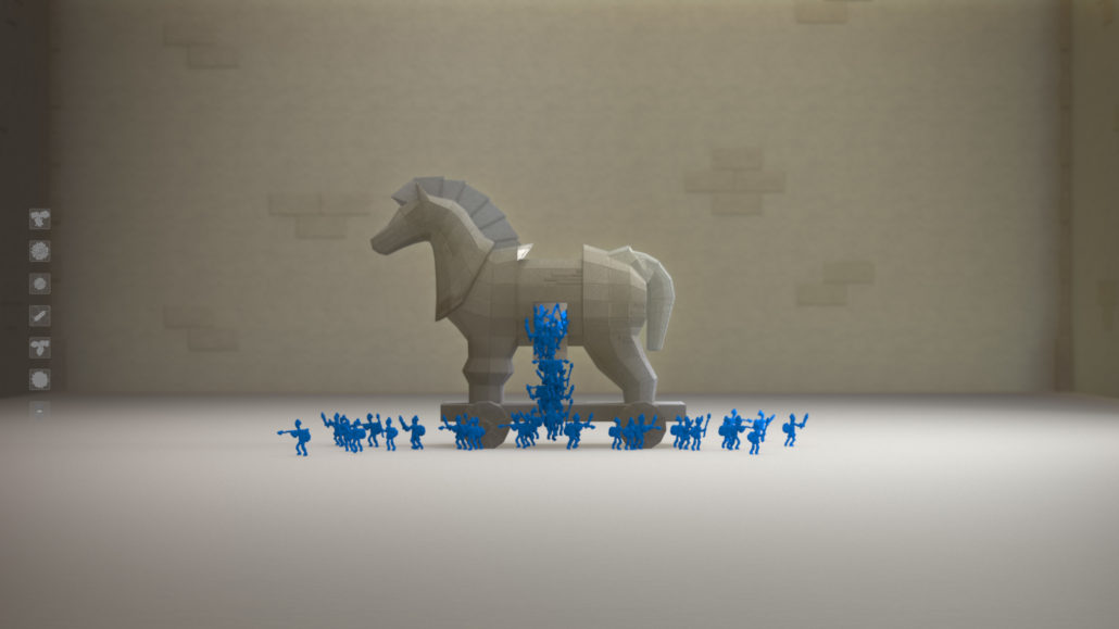 A Trojan horse with soldiers spilling out of it.