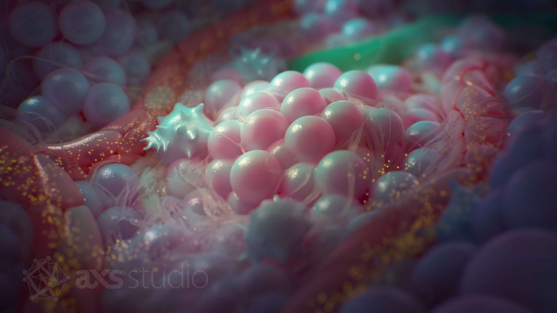 Still from WCH006 Nanoparticle Active Transport and Retention (ATR) Principle animation. A tumour microenvironment is shown. Nanoparticles can be seen exiting blood vessels through a few nanoparticle transport endothelial cells (N-TECs). Fibroblasts and tumour-associated macrophages are also visible, along with a lymphatic vessel in the background.  