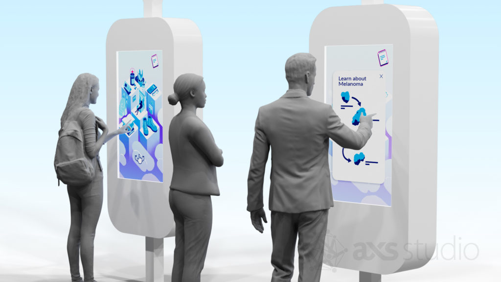 3D illustration of people in a conference space, interacting with two large standing screens. They are manipulating information and 3D animations of objects at a cellular level. The focus is on the screens, which are in colour and the displays and attendees are in grey scale.