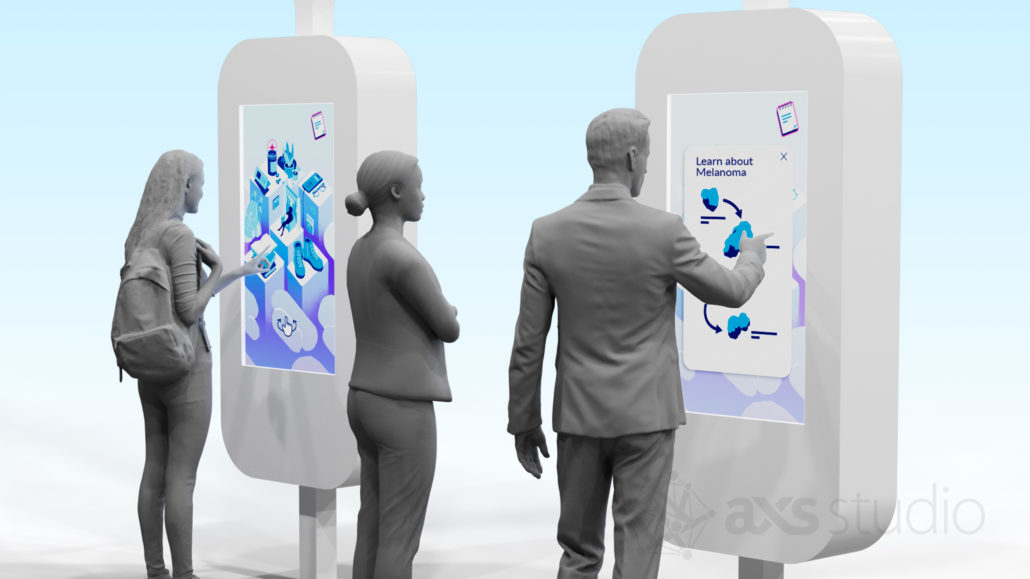 3D illustration of people in a conference space, interacting with two large standing screens. They are manipulating information and 3D animations of objects at a cellular level. The focus is on the screens, which are in colour and the displays and attendees are in grey scale.