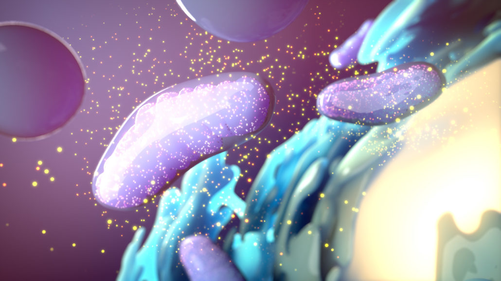 Still frame form scientific animation about photobiomodulation with the Valeda Light Delivery System for the treatment of age-related macular degeneration. The image is set inside a retinal cell. Mitochondria are shown activated by light stimulation and generating ATP molecules. The colour palette is purple, blue and yellow. The cell nucleus is glowing.