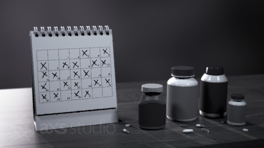 Black and white image from a medical animation about medication overuse headache (MOH), a secondary headache disorder commonly seen in migraine patients. A desktop calender is has many date squares crossed out. 4 pill bottles and several pills sit on the table.