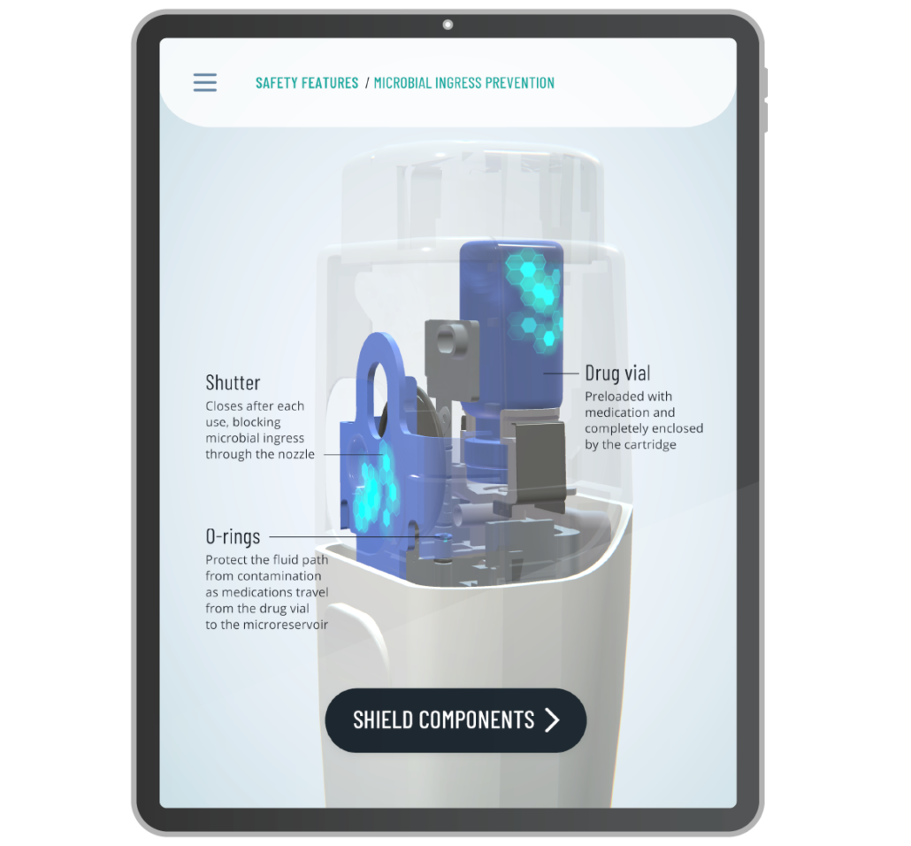 Optejet Interactive on an iPad. This medical interactive app was developed to give partners and eyecare practitioners a better understanding of how the Optejet technology works; a behind the scenes—“inside the black box”—explanation of the technology. To emphasize the human-centric design, preservation of eye health and potential compliance benefits (future generation only) of the Optejet. Created in two formats: PC touchscreen for congresses and iPad for guided one-on-one presentations.