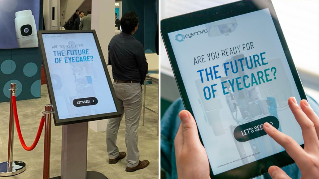 Split image. On the left is a picture from a medical congress both with the Eyenovia Optejet medical device on a touch screen. On the right is an over-the-shoulder view of a young woman’s hands holding an iPad tablet. She is touching a button on the screen that reads, “let’s see”. An exploded view of a medical device is visible on the screen behind the title, “Are you ready for the future of eyecare”.