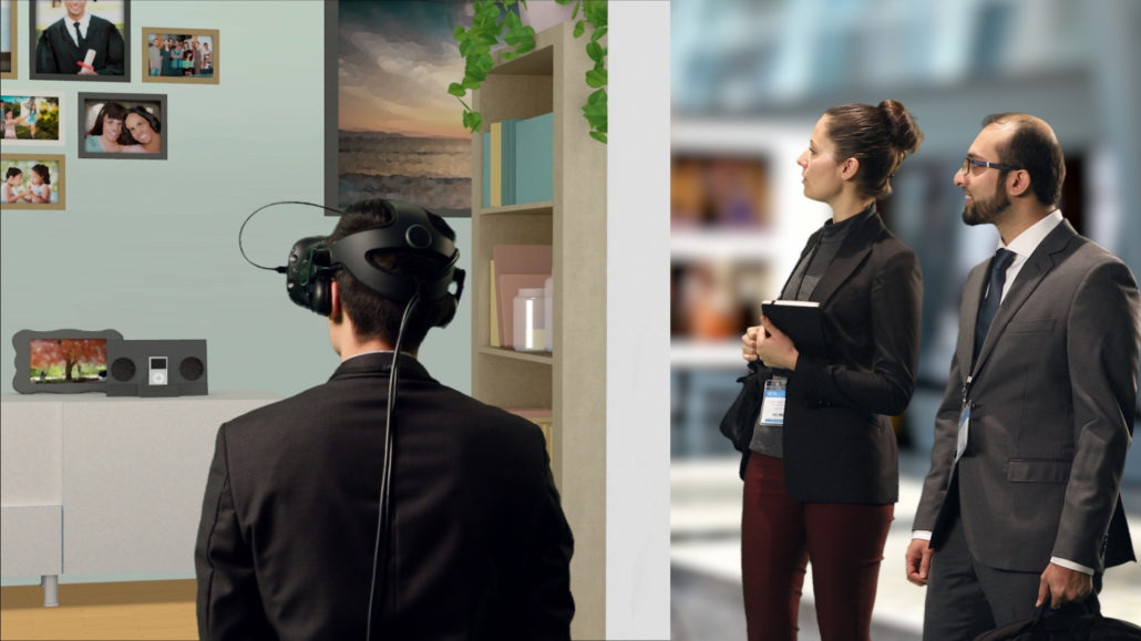 Mixed Reality Experience at ASN 2018 Scientific Affairs booth, San Diego, CA. An immersive face-to-face conversation with a virtual CKD patient. Uses the first mixed reality (MR) stereo camera and a high-powered virtual reality (VR) headset to blend the real and digital worlds, creating a very personal, immersive disease state education (DSE) booth experience. Pictured here is a still from the trailer video showing booth visitors observing a participant.