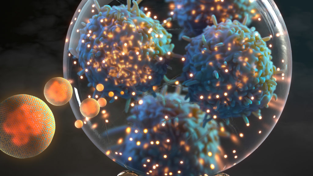 Editorial cover for the peer-reviewed journal, ACS Nano. Depicts the research of client, Adam Grippin, on dendritic cells activated by magnetic nanoparticles, which enables early prediction of anti-tumor response. The image shows activated dendritic cells surround by nanoparticles within a crystal ball.