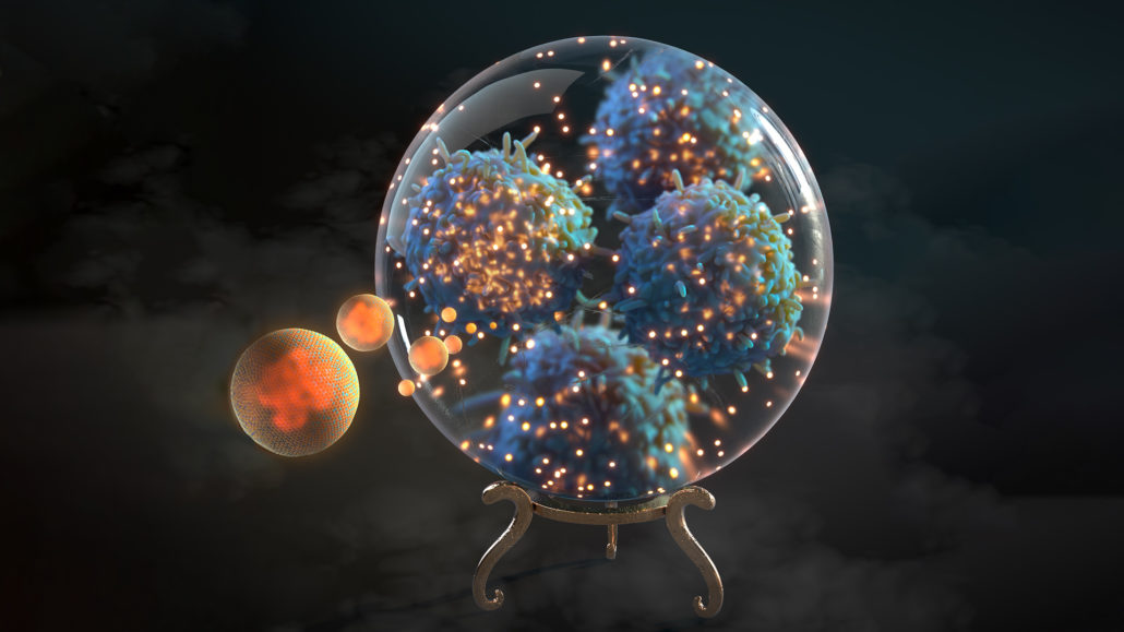 Editorial cover for the peer-reviewed journal, ACS Nano. Depicts the research of client, Adam Grippin, on dendritic cells activated by magnetic nanoparticles, which enables early prediction of anti-tumor response. The image shows activated dendritic cells surround by nanoparticles within a crystal ball.