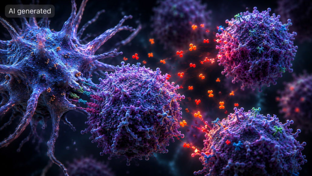 An AI-generated image depicting T cells with extensive surface detail in a dark, moody environment with purple and green accents. Bright orange objects representing cytokines drift among the cells. A large dendritic-like cell is attached to a T cell by what look to represent some kind of tethering proteins. The dendritic cell's appendages more closely resemble tree roots than pseudopods.