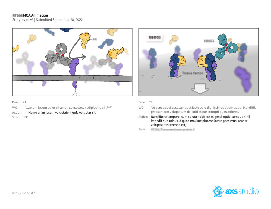 Sample MOA storyboard page showing two panels. Identifying text has been pixelated to protect client information. Voiceover and action text have been replaced with lorem ipsum. The two panels show various macromolecular interactions.